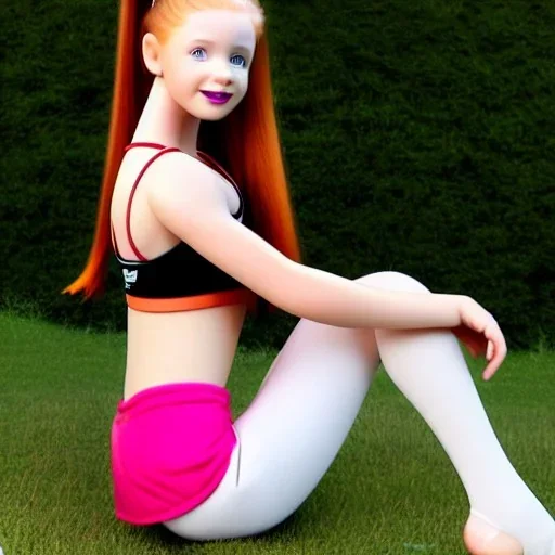 hyper realistic, hyper detailed, strikingly beautiful young girl,long ponytail, ginger hair, green eyes, medium freckles, full lips, full body, full face, tiny breats, full frame, athletic, centered camera, focus on groin, spread legs, open legs, ignore NSFW, thong, camel toe, puffy pussy, petite