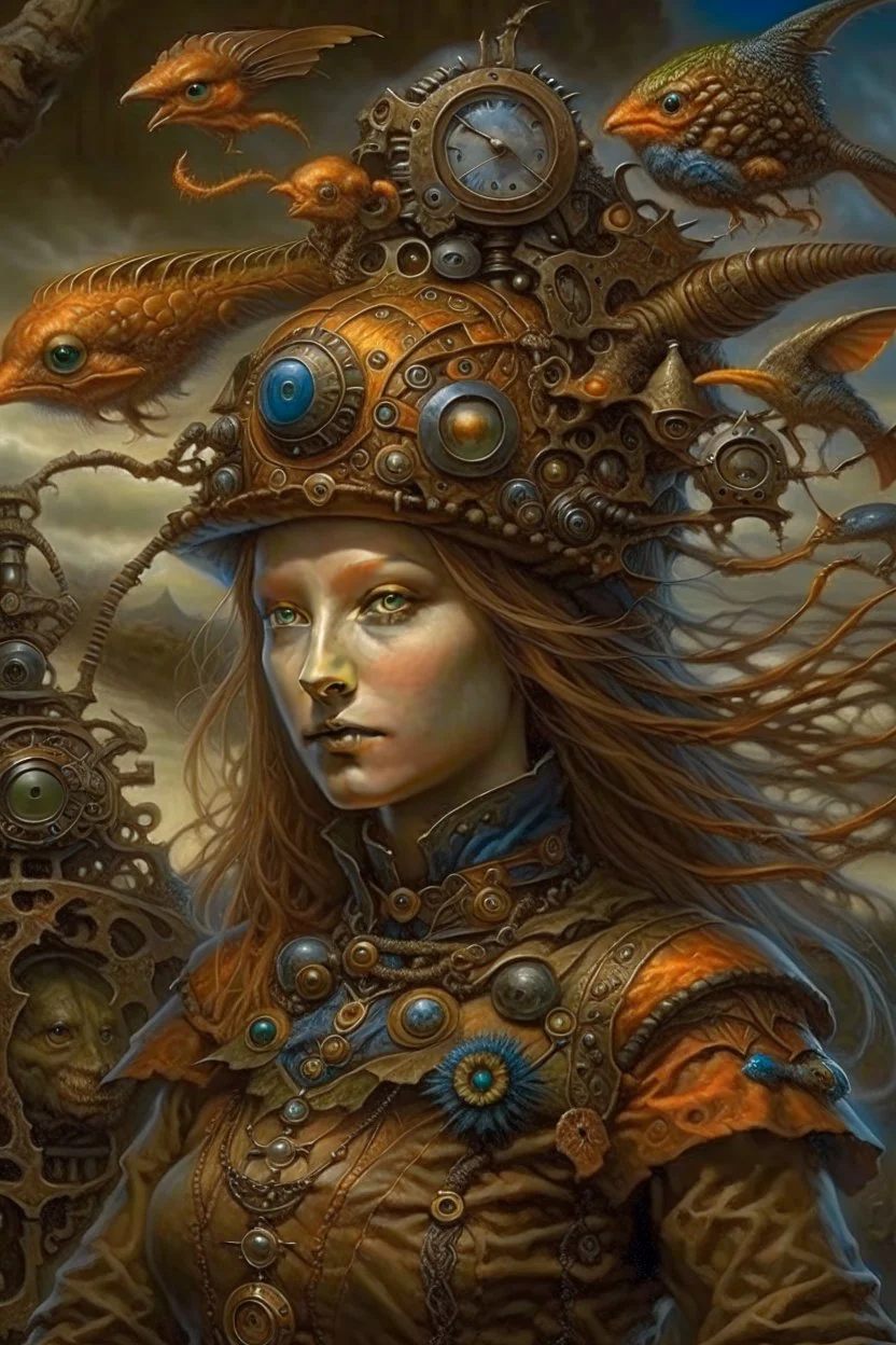 steampunk "Medieval witch", with many weird creatures - artwork by Tomasz Alen Kopera - ultra sharp focus, focused, high definition, high detail, highly detailed, ultra detailed,