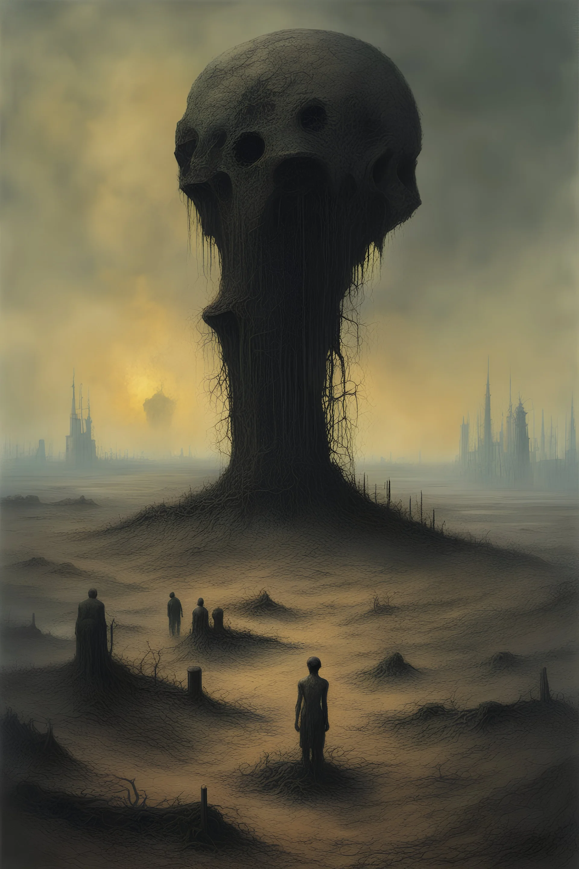 zdzislaw beksinski dystopian Decrepit landscape, rotting land, war, decaying fields, misery, a dying world war famine drugs bottom feeding humanoids post apocalyptic violent