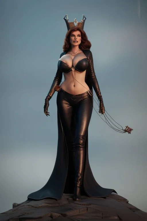 Raquel Welch as evil queen in black leather, leather, busty, cleavage, angry, stern look. character design by cory loftis, fenghua zhong, ryohei hase, ismail inceoglu and ruan jia. unreal engine 5, artistic lighting, highly detailed, photorealistic, fantasy