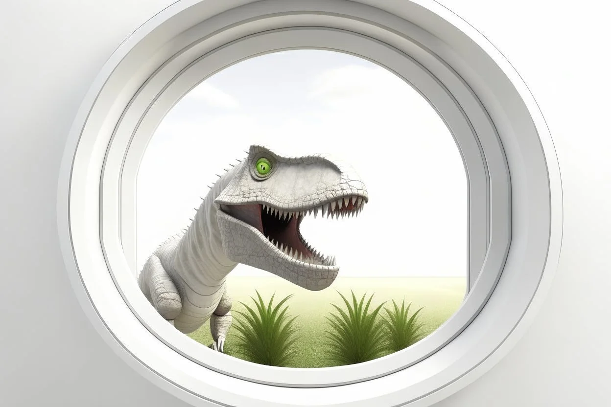 white,background,looking,through,a 3-d, hole,or,window,,a,seeing a dinosaur