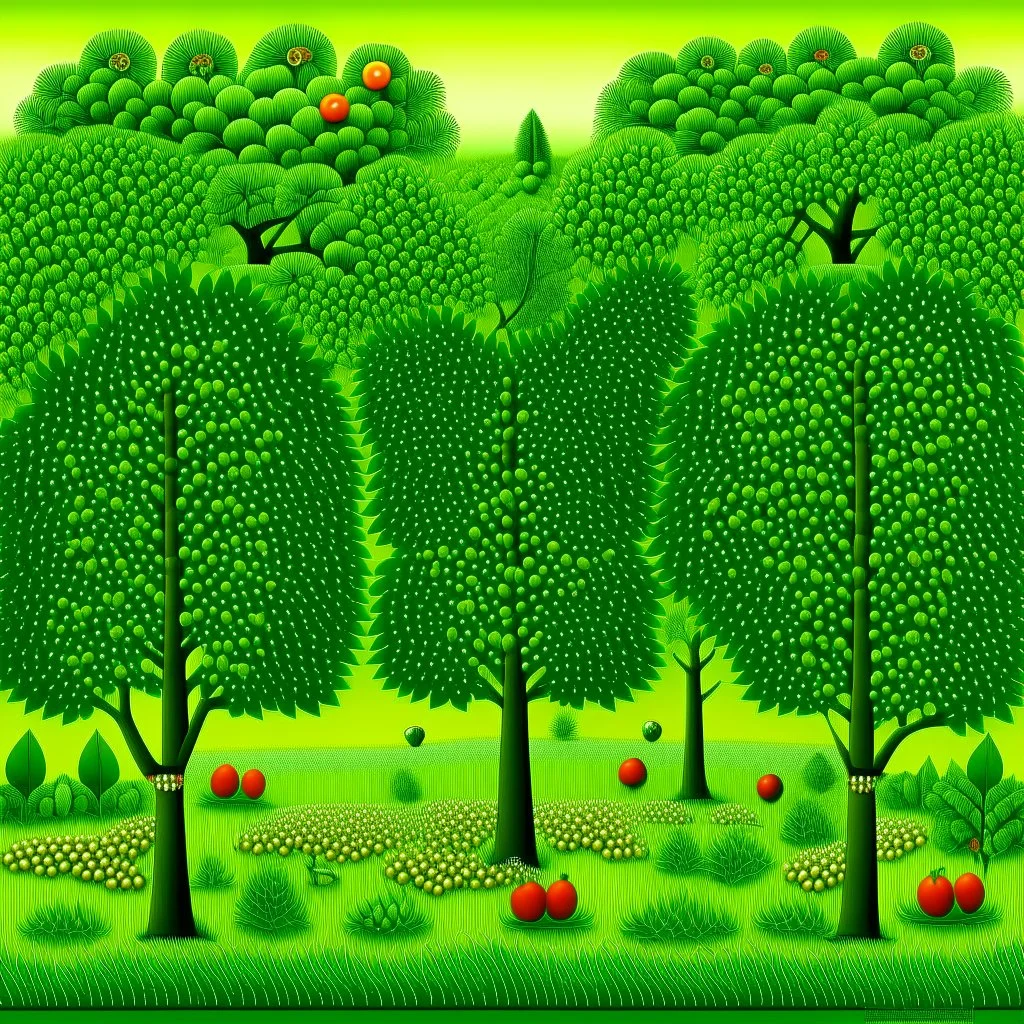 A lime green plain with fruit trees designed in African masks painted by Henri Rousseau