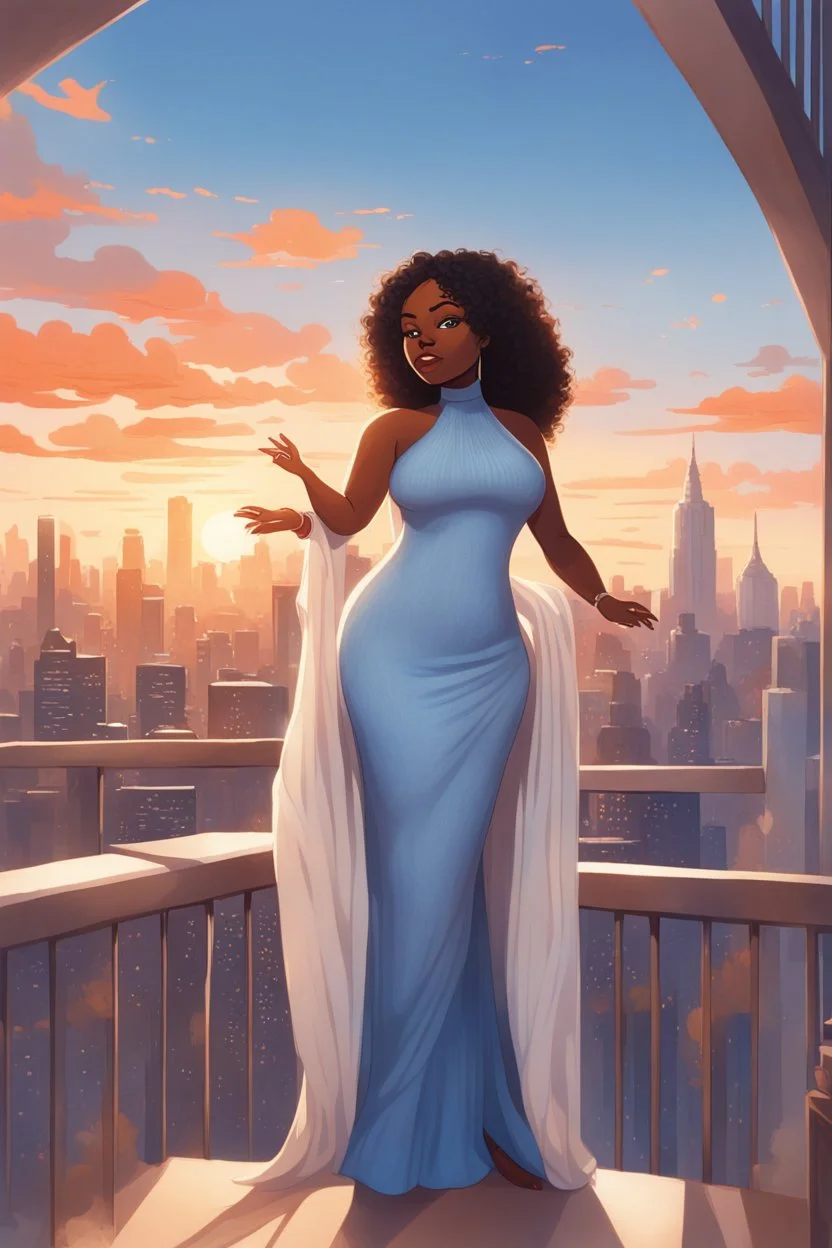 The scene opens onto a serene balcony overlooking a bustling city skyline. The sky above is painted in soft hues of blue and orange as the sun begins its descent, casting a warm glow over everything it touches. In the foreground stands a captivating figure, airbrush chibi cartoon curvy black woman exuding confidence and elegance. She is adorned in a flowing white knit maxi dress that hugs her curves in all the right places, accentuating her silhouette. Her choice of footwear is equally stunning