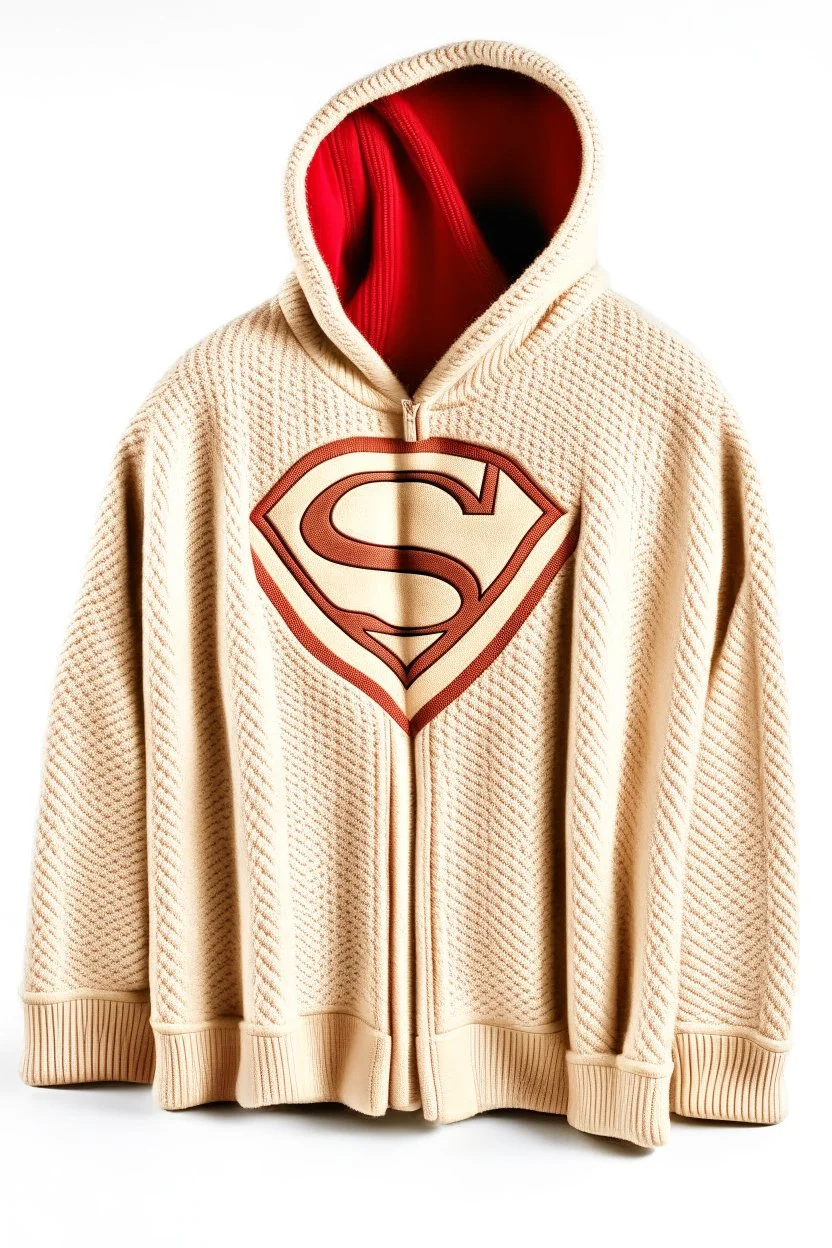 Superman's balenciaga Winter outfits elegant inspired by Superman's emblem design beige tones with dual color on a white background, product catalog photography, soft spot lighting, depth of field, 4k –ar 3:5 –q 2