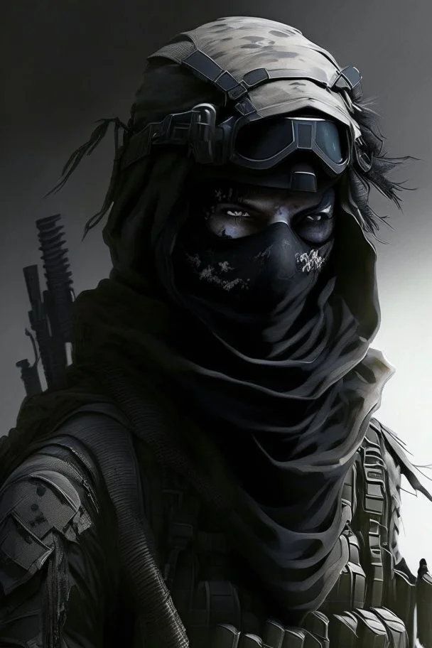 A soldier in the game modern warfare, he wears a solid black creepy helmet that covers his face. He is a sniper, but can also run point. His call sign is Wraith. With him is a woman