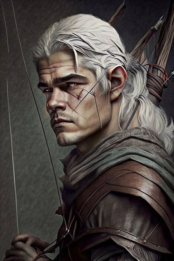 gray hair young medieval man with a longbow