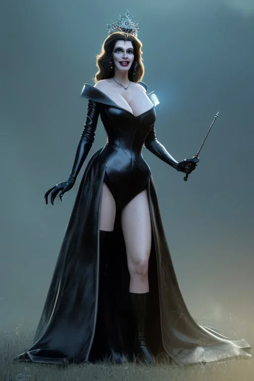 Julia Roberts as evil queen in black leather gown, evil, busty, cleavage, curvy, angry, happy, stern look. character design by cory loftis, fenghua zhong, ryohei hase, ismail inceoglu and ruan jia. unreal engine 5, artistic lighting, highly detailed, photorealistic, fantasy