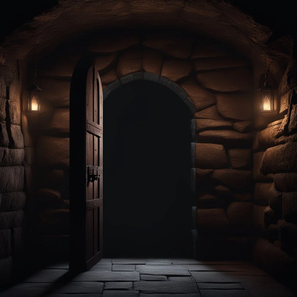 Inside of a dungeon with stone floor and a heavy wooden door. the only light comes from a small barred window high on the wall. Dark gothic fantasy. photorealistic. 4k