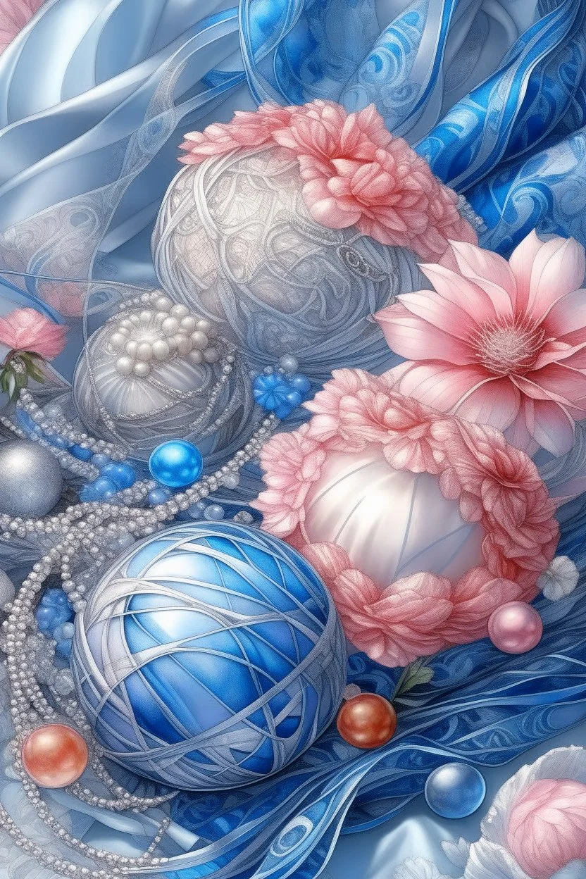 balls,gusts of wind,spiral, patterns ,silver pink blue, composition,flowers,pearls, silk,colored ribbons ,realistic,macro,delicate colors grace, transparent,aesthetically pleasing,hyper detailed,unusual,combination is extremely beautiful,drawing details ,magic,aesthetics, bright light, clarity,fantastically,,close-up, filigree,pastel,watercolor,detailed drawing..,hyperdetalization,surrealism,glitter,5d ,transparent details,futuristic,best quality.