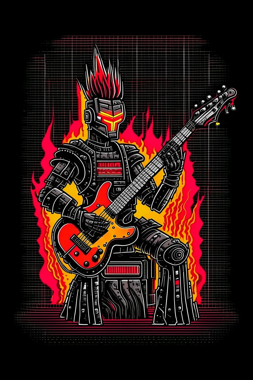 A robot terminator with a red punk crest playing bass, black background, flames all around him.