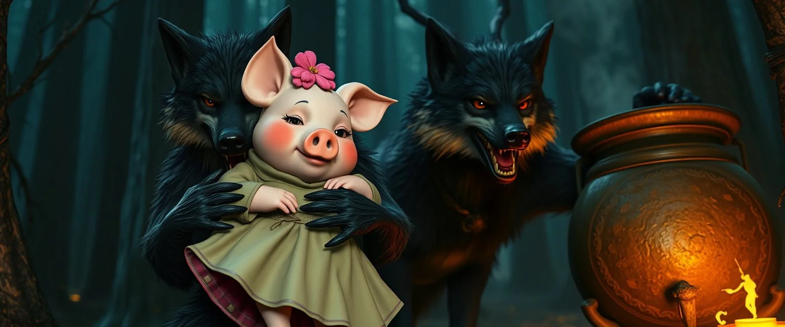 in magical black forest the bad hairy chest wolf carrying a lovely scared wtf are you up to, Korean pig girl with dress under his arms, big cauldron in the background in the style of fallout 4,
