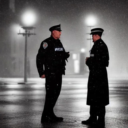 large muscular police officer speaking to a muscular man wearing a trench coat, downtown snowy new york at night, dramatic, dramatic lighting, volumetric lighting, hyperrealism, 8k, high quality, photorealistic, lot of details