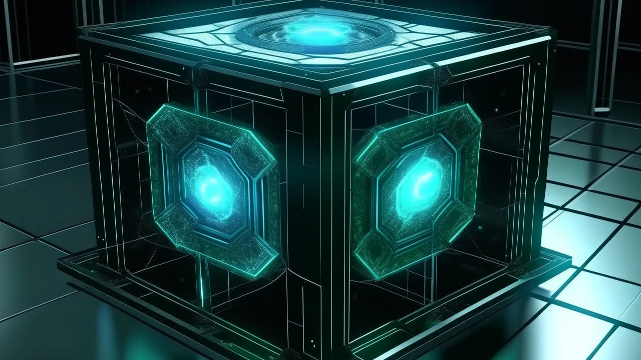 Cube tesseract from movie Loki. Tesseract size must be half of ration size. Located strictly in the middle of picture with space around it and with navy blue/green glow inside tesseract. Without surface/table on which it stay.