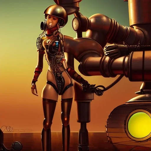 great illustrator, spanish, realistic rendering of a cute spanish girl kissing a robot girl with tubes, beautiful, steampunk style. Helmet with tubes. Machinery in the background. robotic bird flying. High details. 4k. unreal engine, sunset