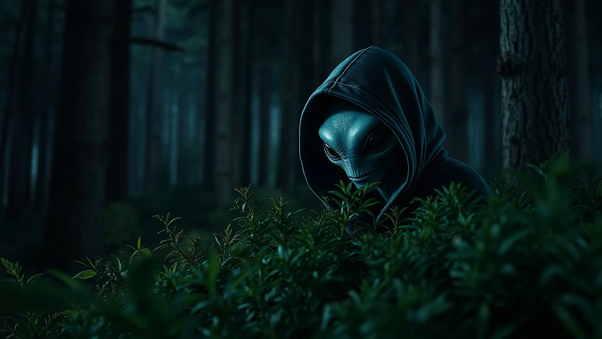 A hooded alien peeking out of a bush in a forest at night, photorealistic