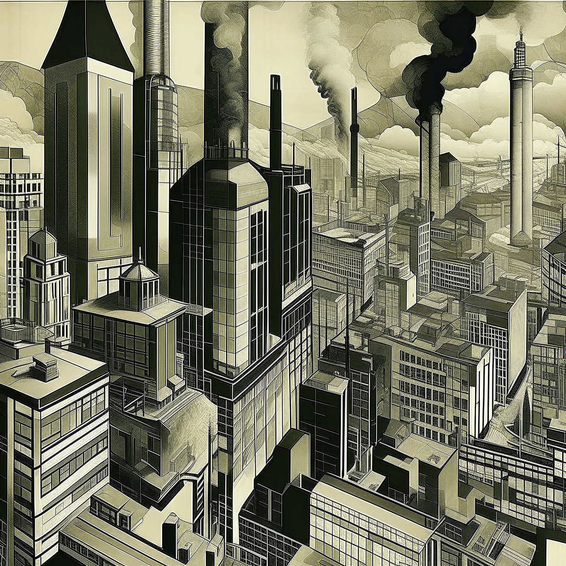 Hannah Höch and Peter Blake style. Close up. High-rise buildings and a smoking factory in a chaotic big City. Unusual perspective. Simultaneous collage of different combined views. Etching, Line art. Dramatic light. Best quality, detailed, masterpiece. Etching. Subtle gradients.