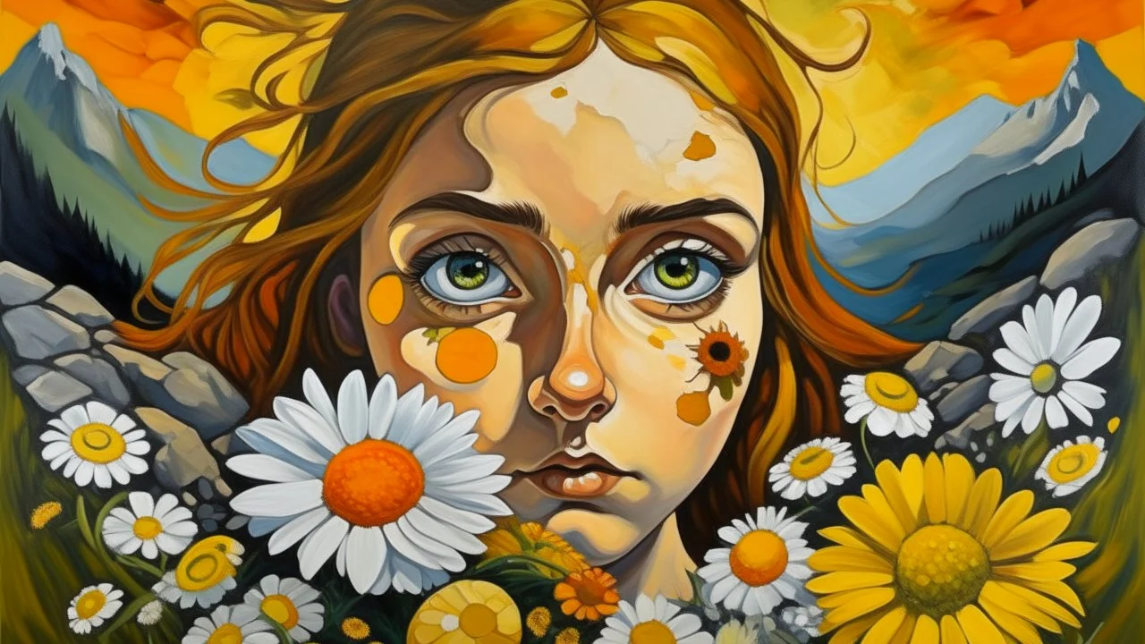 Oil painting, A face partially emerging from rocky terrain , with large, expressive eyes and a serene expression . The face is adorned with daisies and surrounded by grass , blending into a natural landscape featuring mountains in the background. The sky is a warm orange , suggesting sunset , creative, extremely detailed brush stroke