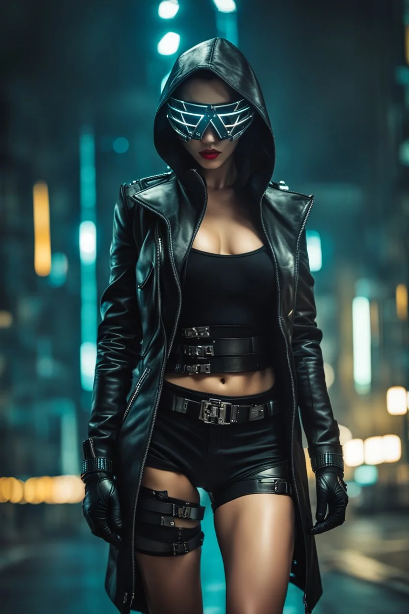 Full body,Half-cyborg sexy female cyberpunk assassin wearing a metal mask, black jacket,walk in night city background