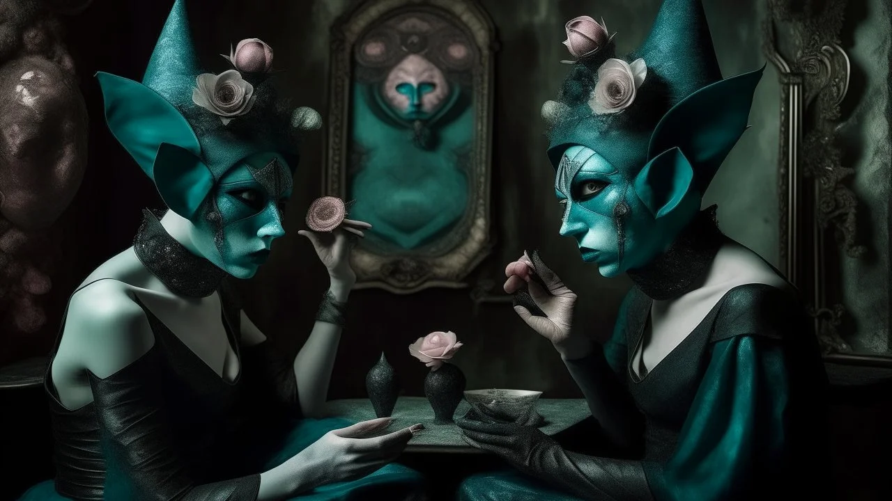 The Watchers with blue snails and black rose of the Empty Room, augmented reality, pantomim, masks, eerieland, abstract surrealism, glitter, calotype combineted transparent burgundy and pastel mint color, tintype , performance art