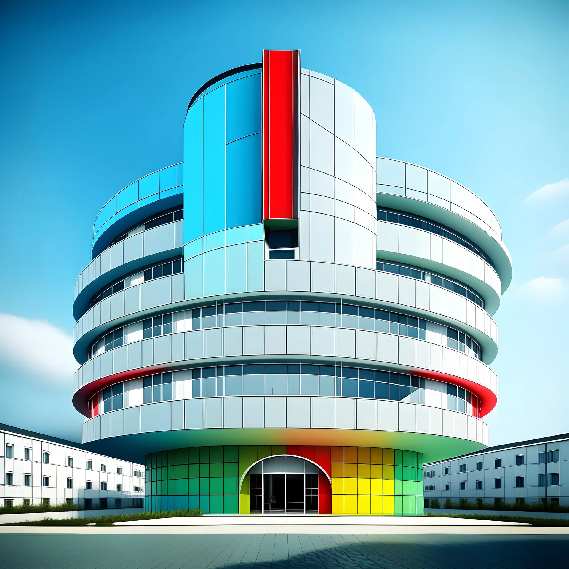 A hospital building with a main idea built in the shape of an atom that gives the impression of containment and hope, with the use of appropriate colors of high quality and photographed from appropriate angles.