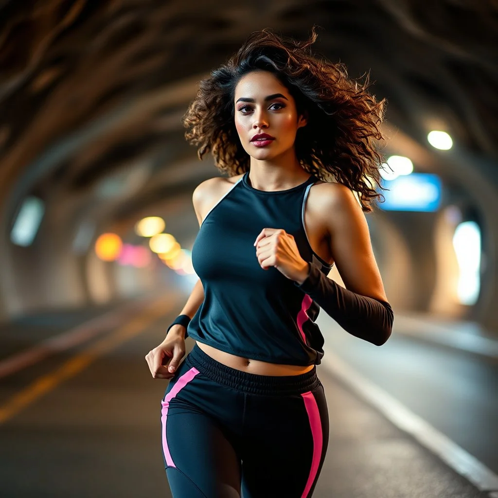 a under ground modern city jewell lights , a beautiful fashion model lady with cute,curvy hair,makeup, in pretty sports suit is running in street ,dynamic camera fallow her inside cave capturing full body, dynamic lights.