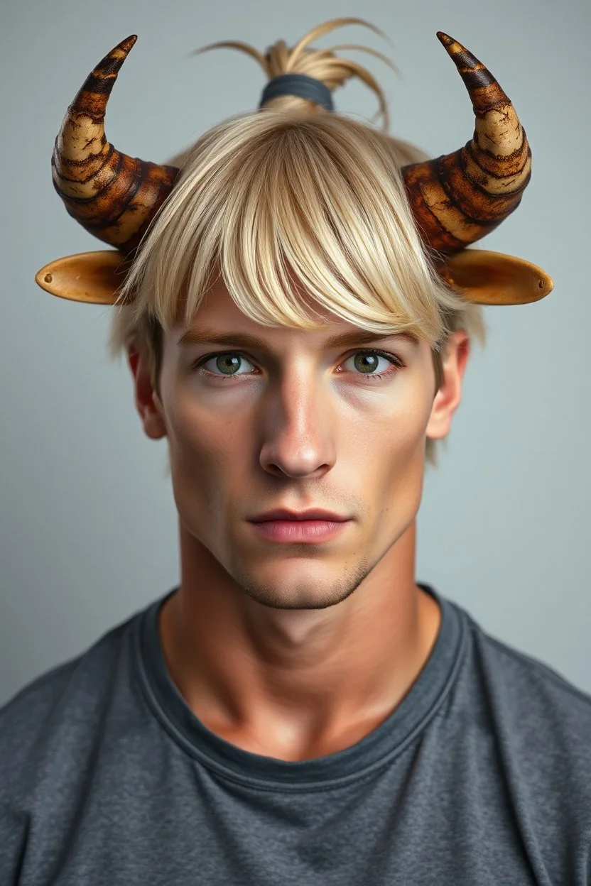 A portrait of an attractive stern ox bison lobster with wig, shoulder-length blond hair tied in a tight knot, pale skin,light green eyes, muscular build, wearing grey t-shirt