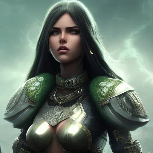 fantasy setting, insanely detailed, dark-skinned woman, indian, green and black hair,