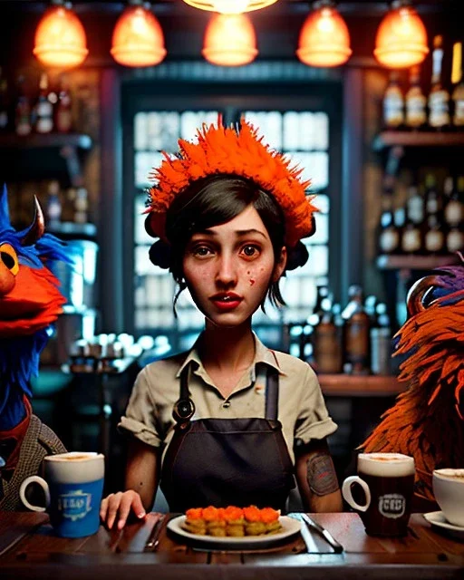 Pub scene, hybrid character, waitress sexy British woman with monster muppet mask that covers her entire head, Sesame Street style, retro style, short shirt, tray, beer, old school tattoo, hot, smooth, unreal engine 5, god lights, ray tracing, RTX, lumen lighting, ultra detail, volumetric lighting, 3d.