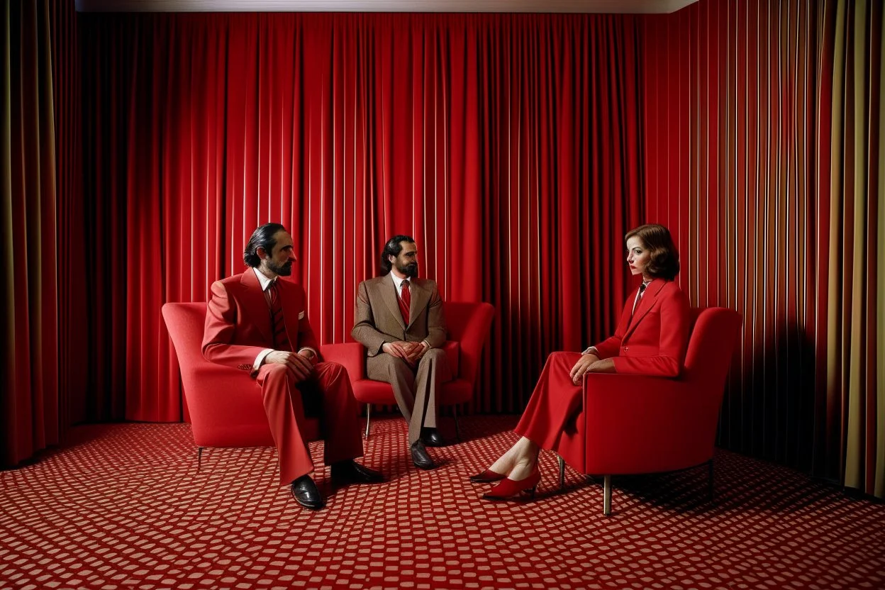 Un hombre vestido con traje, un hombre con pijama rojo, y una mujer vestida con traje, sentados en sillones, en una habitación de suelo de baldosas con líneas zigzagueantes, la habitación la recorre una gran cortina roja, fotografía realizada con cámara Leica y objetivo de 50 mm