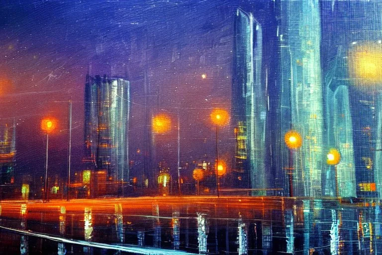 Night, futuristic buildings near trees, highway, sci-fi, impressionism painting