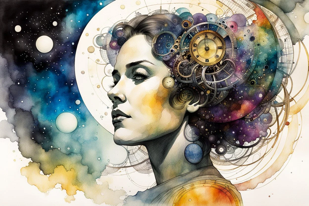 an ink wash and watercolor portrait of the inner workings of the cosmic clockwork mind as she wonders at her own existence , Tracy Adams , Gabriel Pacheco , Douglas Smith , Bill Sienkiewicz, and Jean Giraud Moebius , vibrant natural color, sharp focus, ethereal and filled with wonder