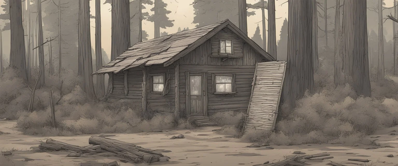 log cabin, post-apocalyptic, comic book, forest, cinematic, from far away,