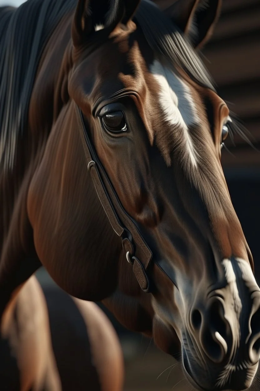 Horse with small overly realistic human eyes, staring at the point of view,