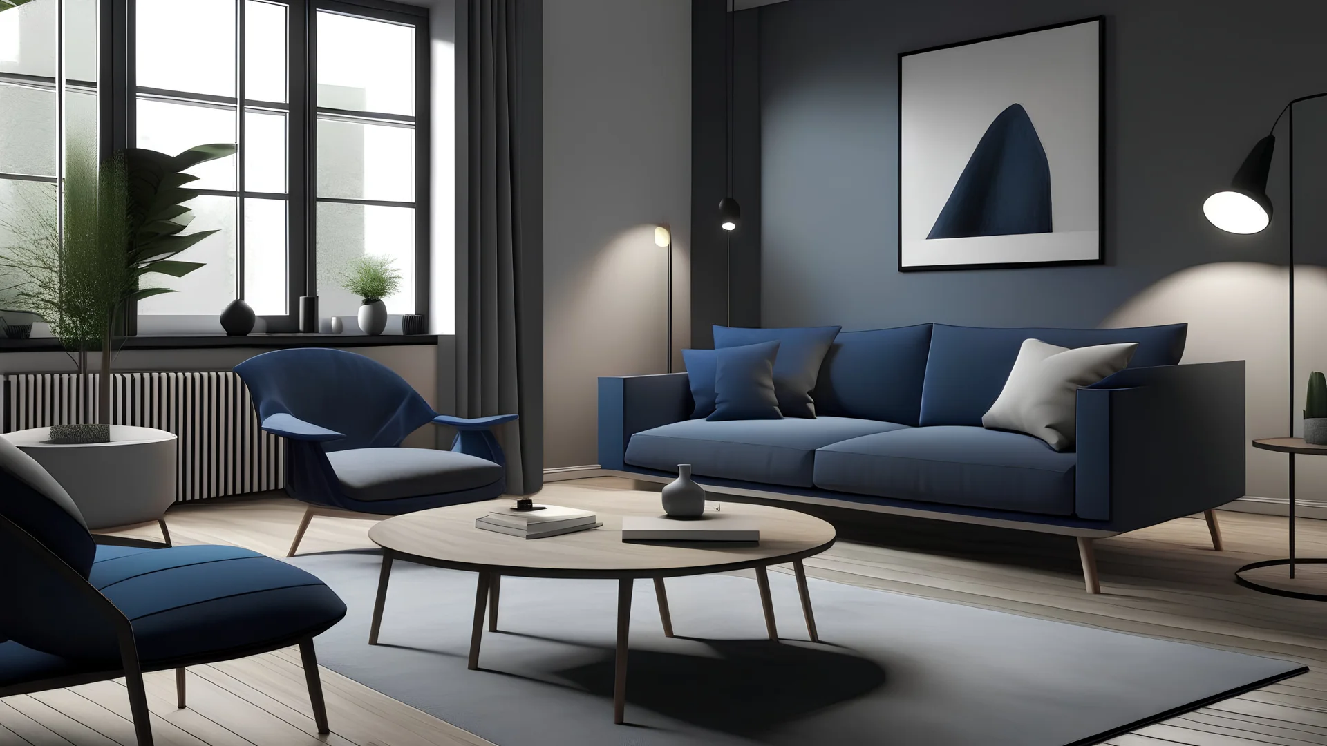 Dark blue sofa and recliner chair in scandinavian apartment. Interior design of modern living room. Created with generative