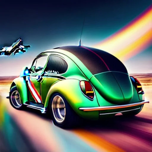 jet-fighter vw-beetle hybrid, retrofuturistic, phototrealism, in flight, one subject,