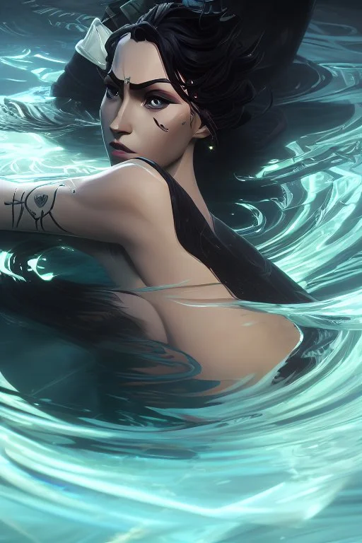 a beautiful woman, long curly black hair,closed eyes,coming from beneath the water,braking the surface with her face just coming out the water,looking up symbolism for breaking free. realistic,8k quality, action close shot from areal view,highly detailed , chaos 80