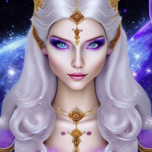 cosmic mage, elf, female, cosmic magic, long ears, white hair, face details, pale skin, jewellery, broad shoulders, sharp ears, cosmic clothes, cosmic eyes, ears shown, the cosmos in eyes, shining eyes, thin face, detailed ears, magical eyes, closed mouth, make up, smiling face, happy face, pointy ears, glow in eyes