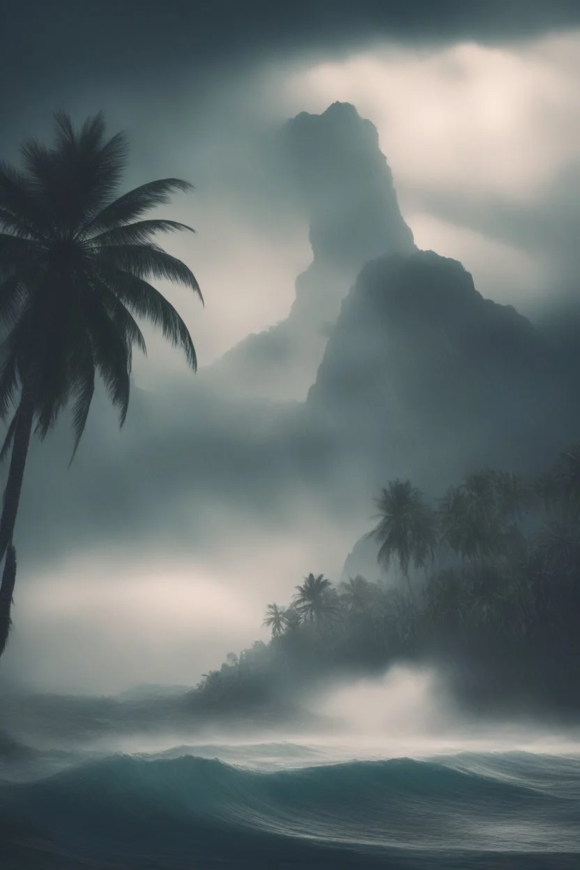 Creat a view from the ocean of an island filled with palms tree with a mountain in the background and a thunderstorms and rain and foggy clouds and high waves, cinematic, 8k, high quality photo , dim sun light behind the clouds, Busch painting style nightmares