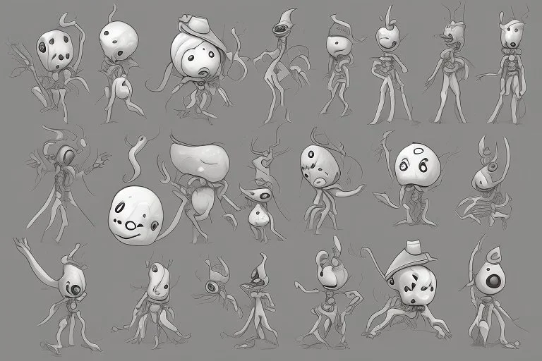 make a bunch of simple hand-drawn spooky and cute cartoon characters with bodies arms, and legs I could draw and make them all different