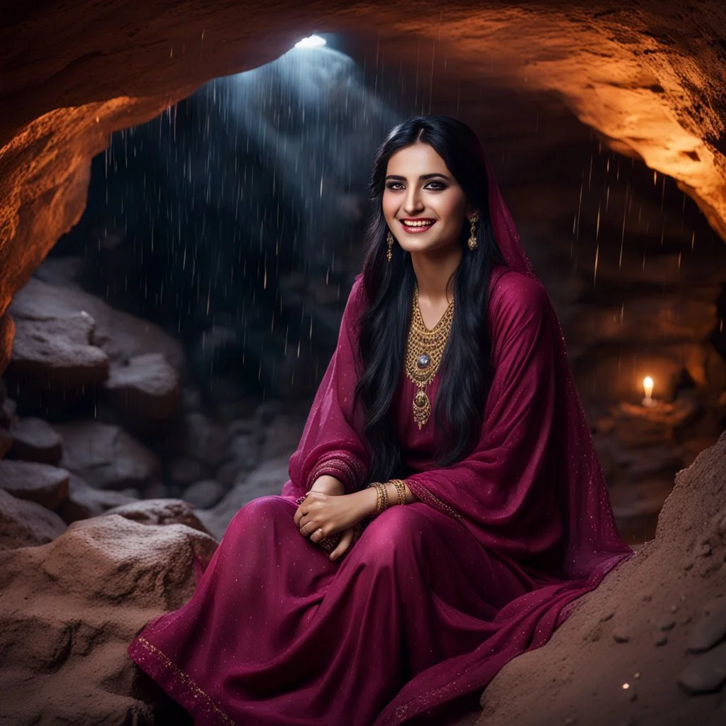 Hyper Realistic Photographic Outside View Of A Gorgeous Pashto Girl (Wearing Simple Burgundy Colored Dress & Wearing Plain Pink Dupatta On Her Neck) Happily Sitting & Smiling Boldy In A Cave & Showing Her Long Black Hair With Big Golden Crystals, With Heavy Rain Outside Cave At Dark Night Showing Dramatic & Cinematic Ambiance.