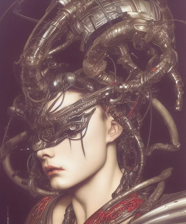 realistic detailed face portrait of one handsome futuristic geisha with element of alien cyberpunk armor by ayami kojima, amano, greg hildebrandt, alphonse mucha, and mark brooks, male, masculine, art nouveau, cyberpunk, neo - gothic, gothic, character concept design