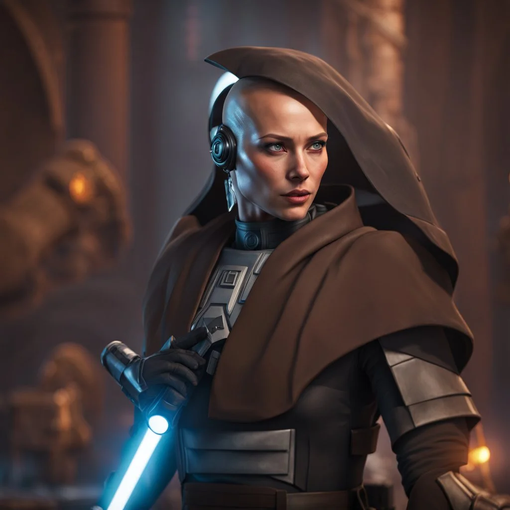 a bold and heroic bald male Corellian pilot in black and metallic grey First Order special forces gear meets a female Jedi Master in ancient, mystical temple, hyperdetailed, dynamic lighting, hyperdetailed background, 8k resolution, volumetric lighting, light skin, fully symmetric details