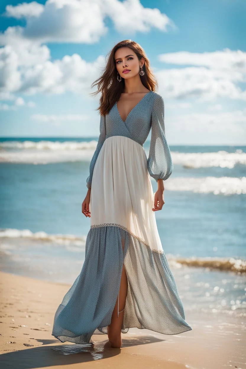 young lady wearing beautiful maxi dress standing in beach posing to camera ,ships in sea ,blue sky nice clouds