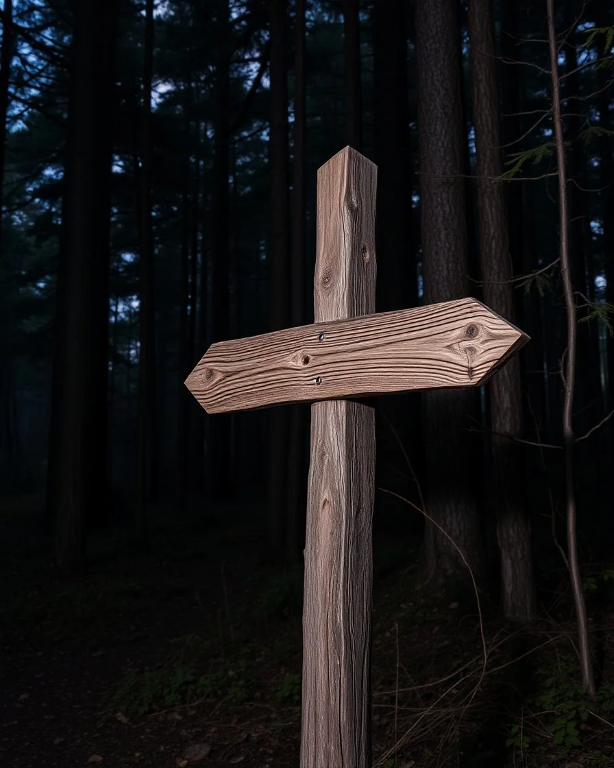Old wooden signpost in a dark forest