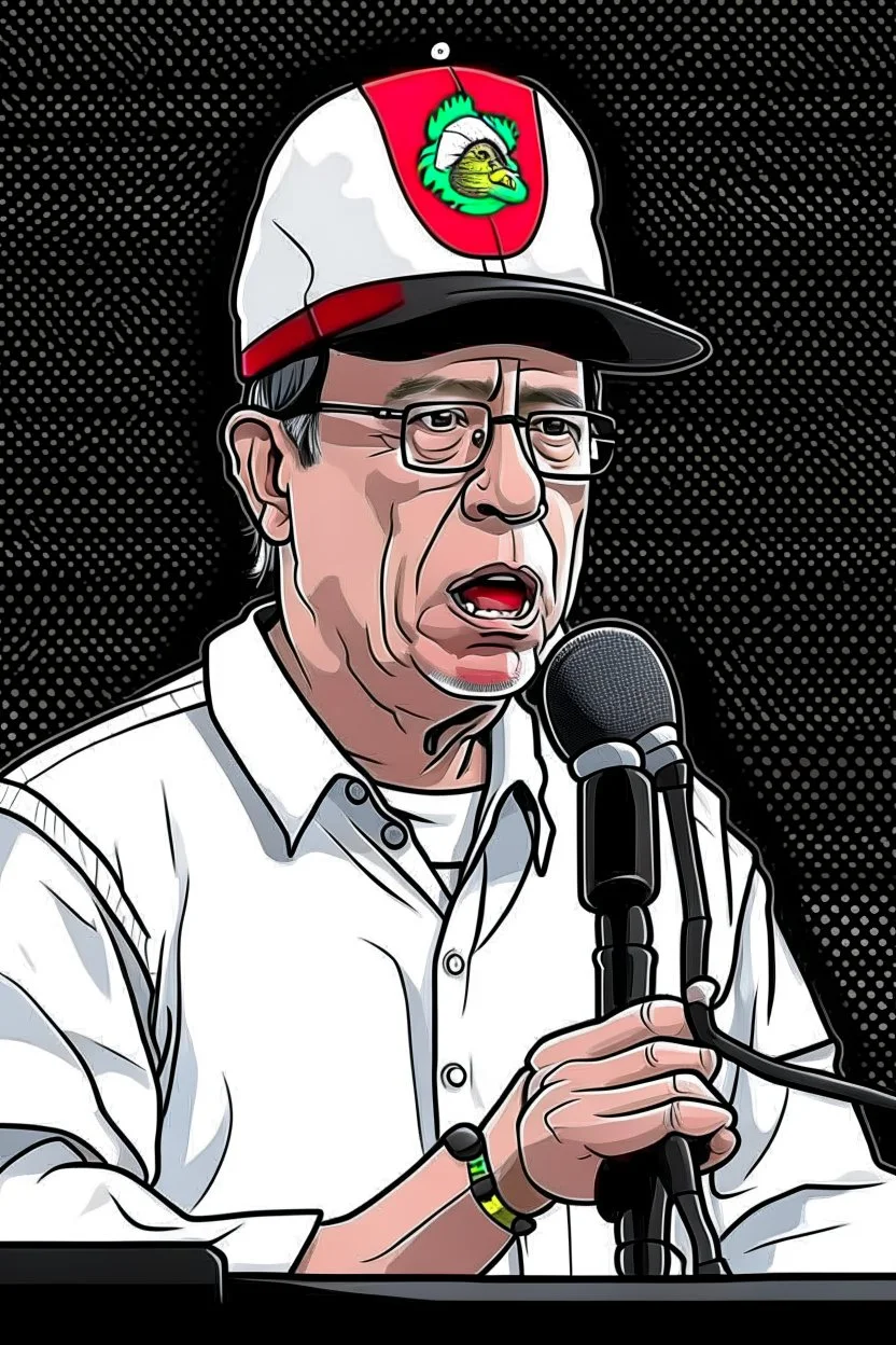 Ilustración vectorial de Gustavo Petro con gorra deportiva camisa, hablando tranquilamente con micrófono, colores negro, blanco y rojo, fondo negro