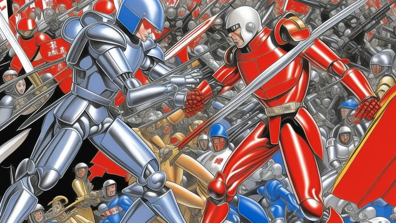 A digital illustration by Kuniyoshi and Hajime Sorayama of a fight between androids with anarchist flags and human fascists.