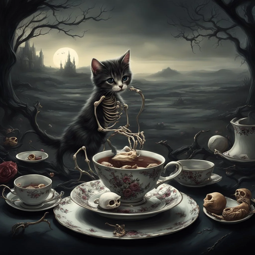 A surreal and macabre scene of a luxurious tea party where a kitten skeleton lies delicately within a teacup. The atmosphere is dark, sinister, and slightly dramatic, with a sense of profound eschatology. The background features an ominous, twisted landscape that seems to defy physics, as if it's governed by the peculiar equation ( ∂t ∂v +v⋅∇v)=−∇p+μ∇ 2 v+f. The overall feeling of the image is both eerie and unsettling, evoking a sense of impending doom.