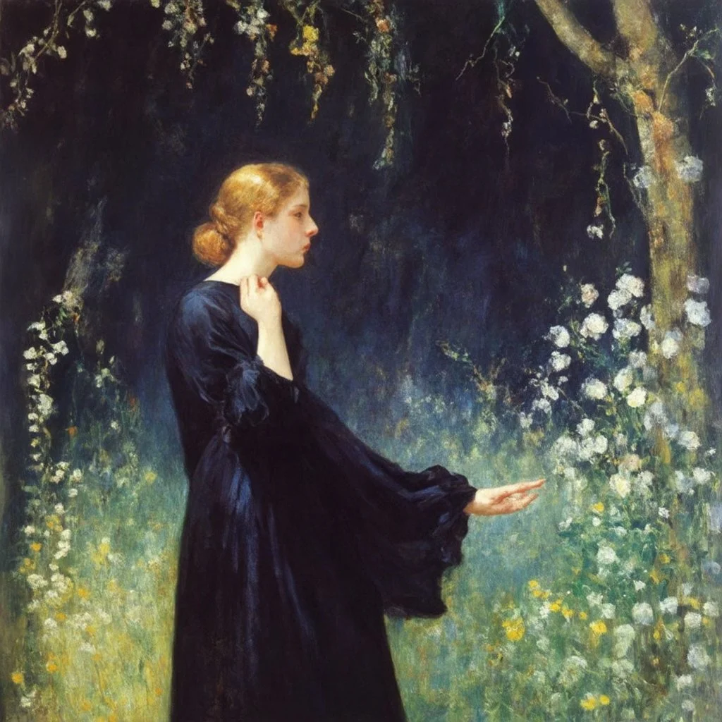 Night, one woman in black dress lost in the forest, flowers, vegetations, creepy, gloomy, doom metal influence, edouard manet paintings, and edgar degas paintings