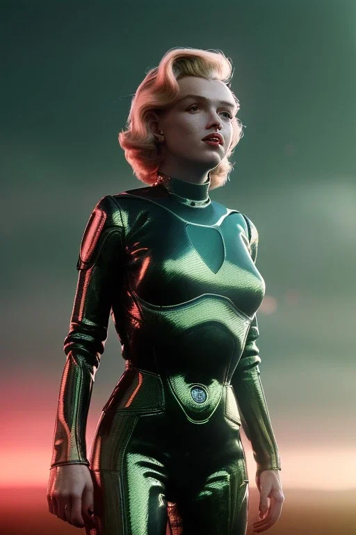 Ultra Realistic retro sci-fi scene, portrait, blonde woman, sweet young Marilyn Monroe face, perfect iris, tight latex coat, Strange planet background, Retro sci-fi style helmet, fog, rain, soft color, highly detailed, unreal engine 5, ray tracing, RTX, lumen lighting, ultra detail, volumetric lighting, 3d, finely drawn, high definition, high resolution.