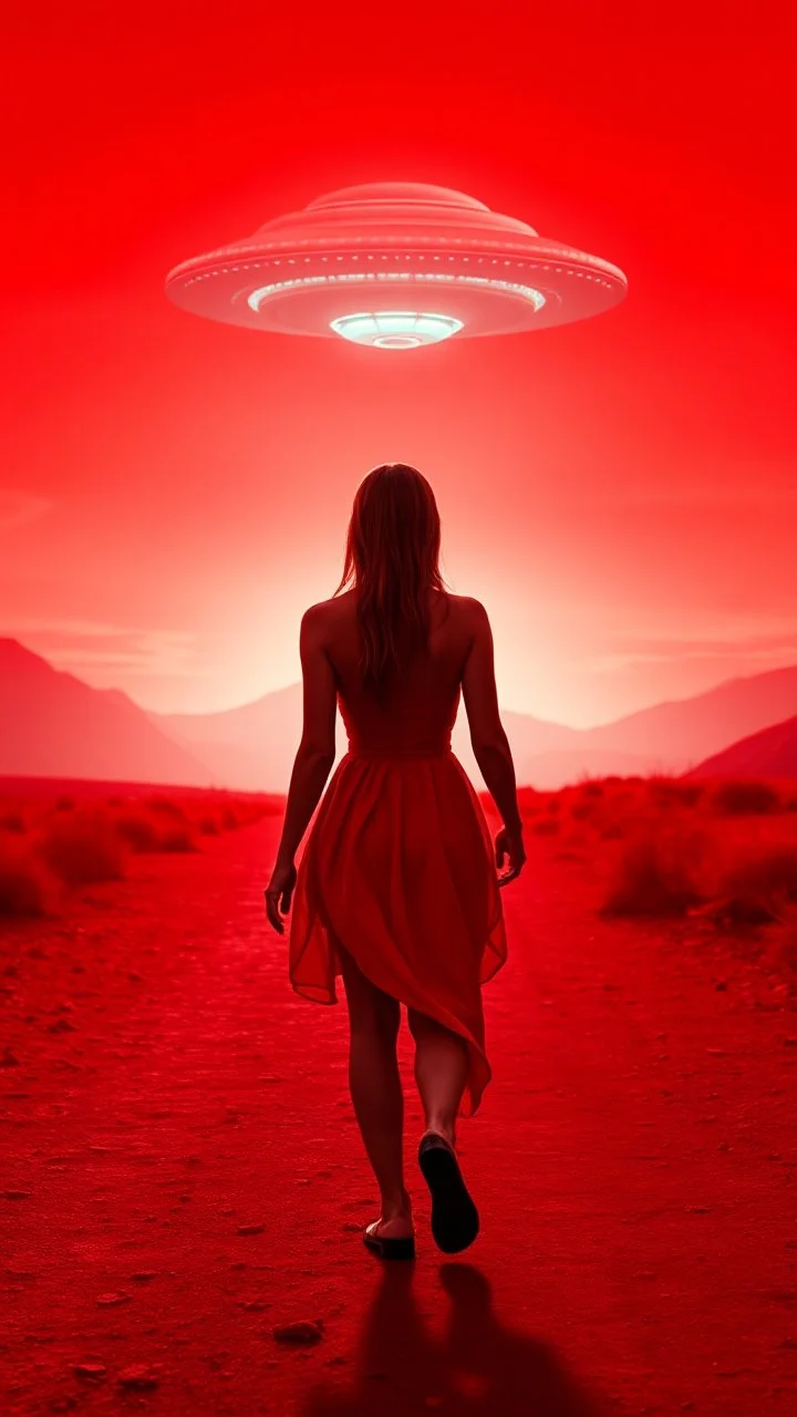 A beautiful girl walking with an alien both their hands on both shoulders from rear view , they are walking toward a ufo spacecraft that appears ilanding in a distance ,in romantic themes background is a vivid red sky, and the lighting creates a dramatic and otherworldly atmosphere